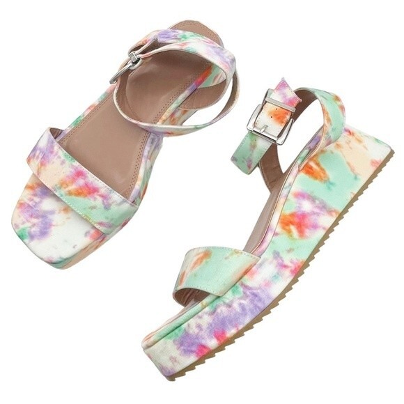 NWT ASOS Tatiana Flatform Ankle Wrap Sandals Bright Pastel Cloud Tie Dye Size 10 - Picture 16 of 16